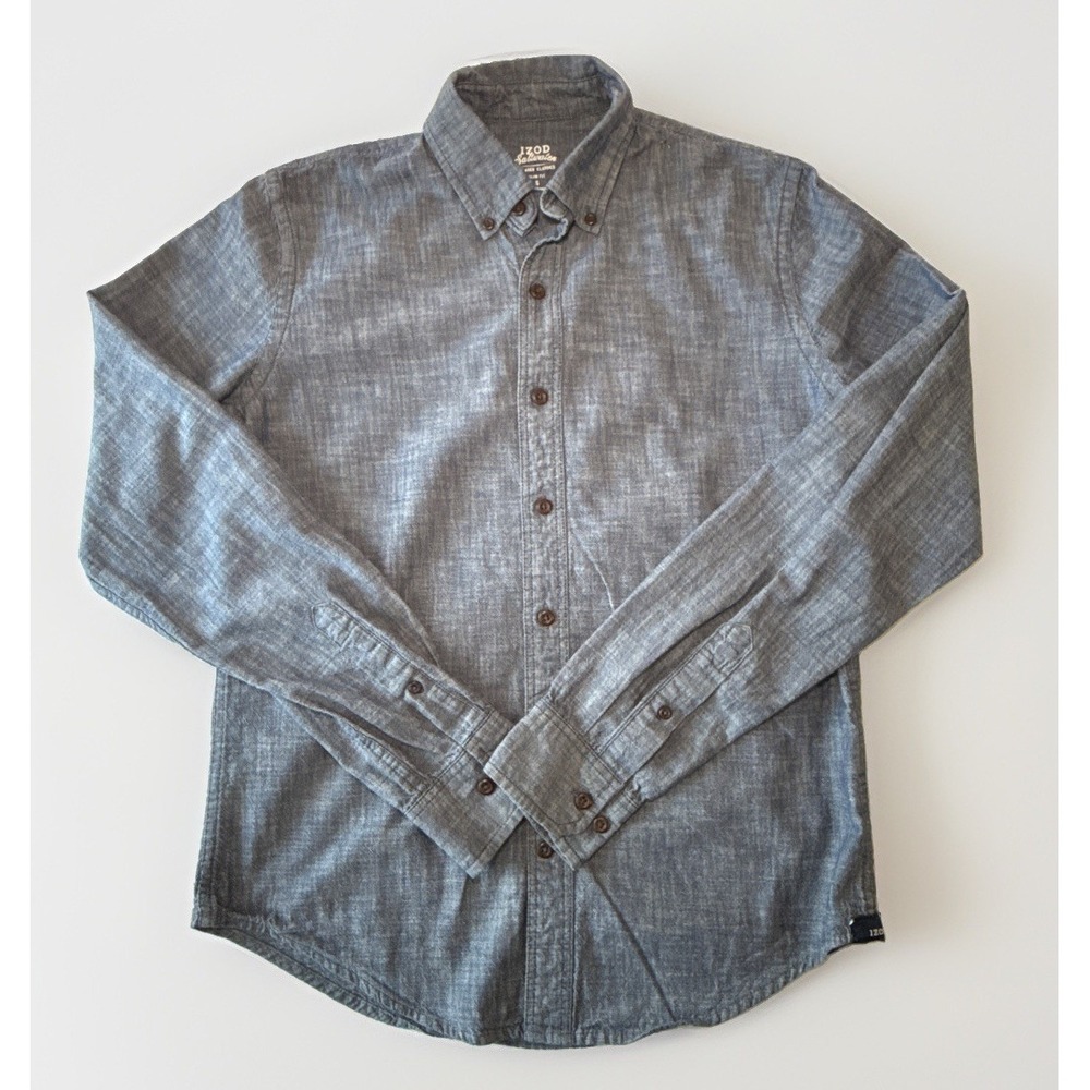 IZOD Saltwater Mens Blue Chambray Long Sleeve Button Up Shirt Slim Fit Small